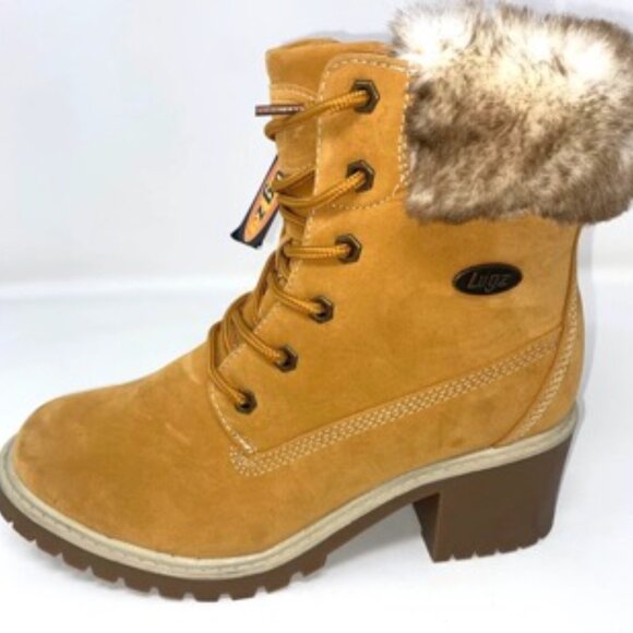 Lugz women's Clove Block Heeled Ankle Bootie Faux Fur Fashion Boot Golden S - Picture 5 of 6